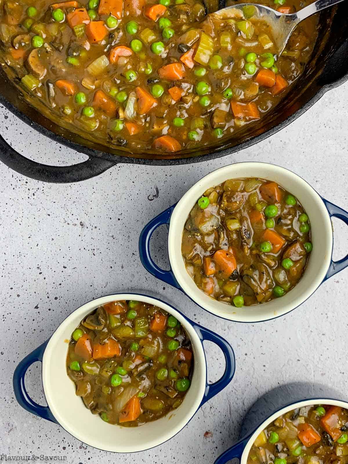 Filling for vegetarian shepherd's pot pie in mini casserole dishes or cocottes.