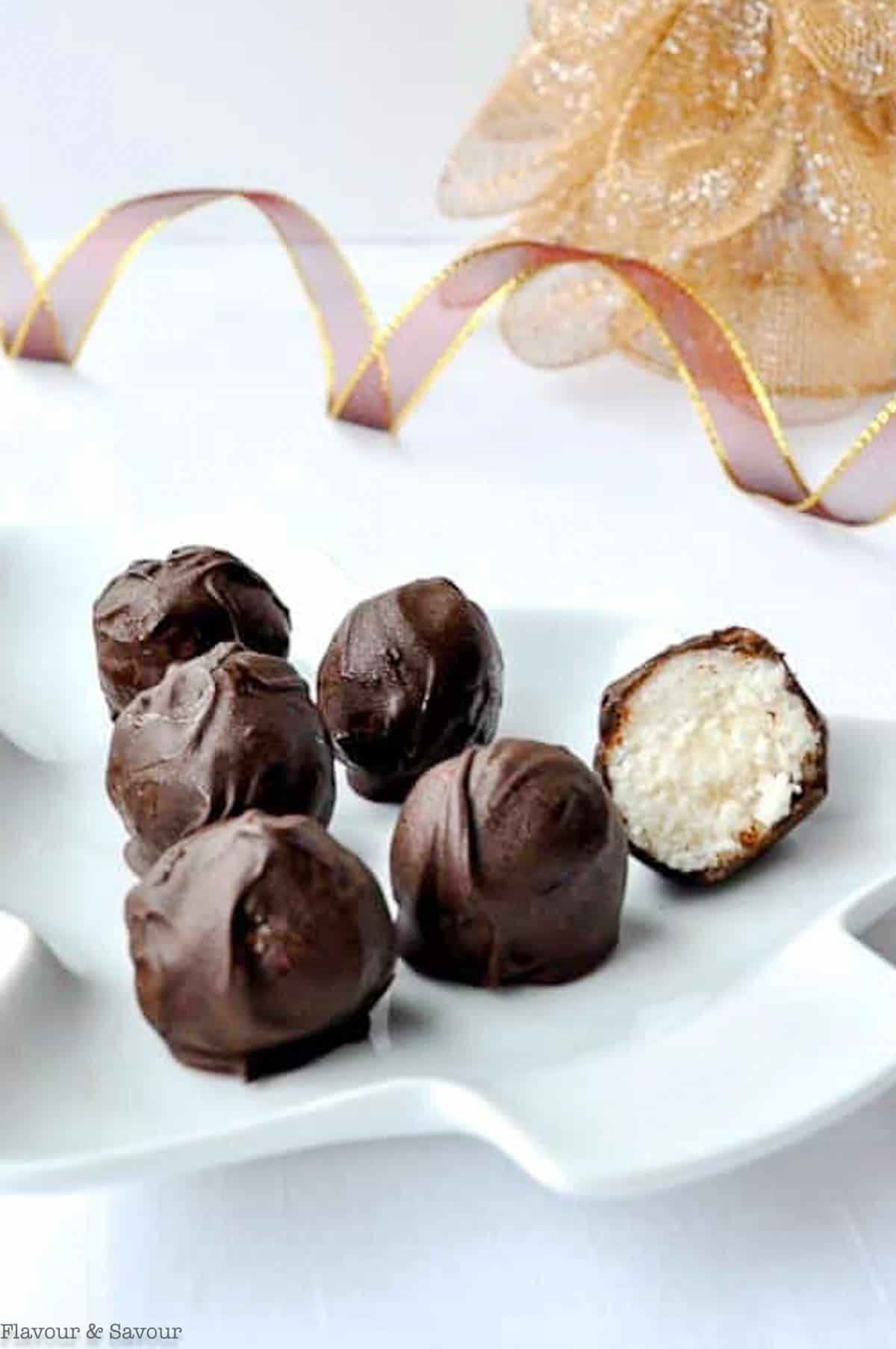 Easy Chocolate Coconut Bites on a white tree-shaped plate.