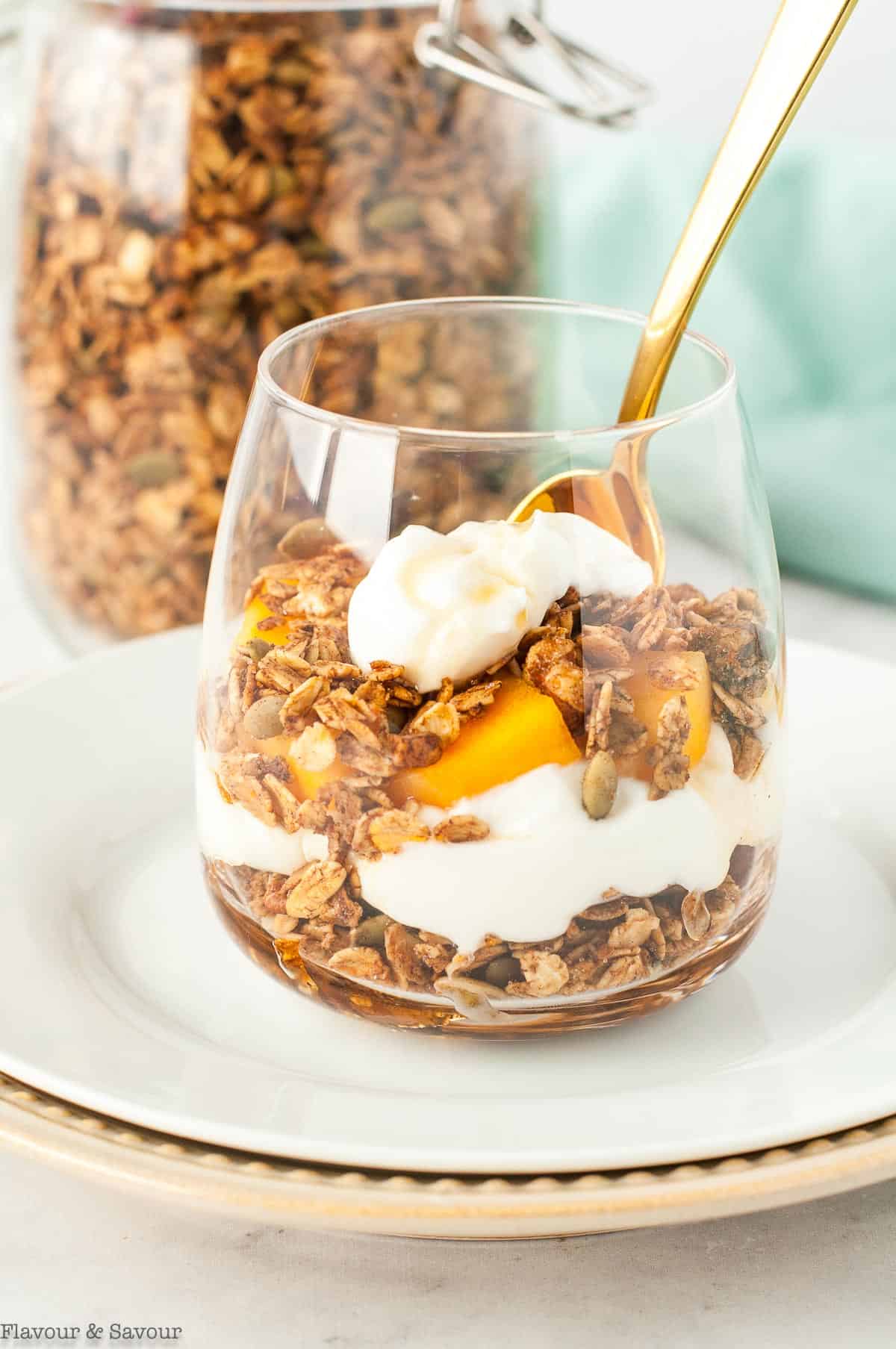 Gingerbread granola layered with yogurt and fresh fruit.