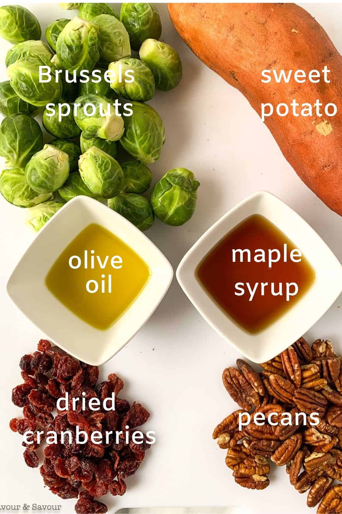 Ingredients for roasted Brussels sprouts and sweet potato side dish.