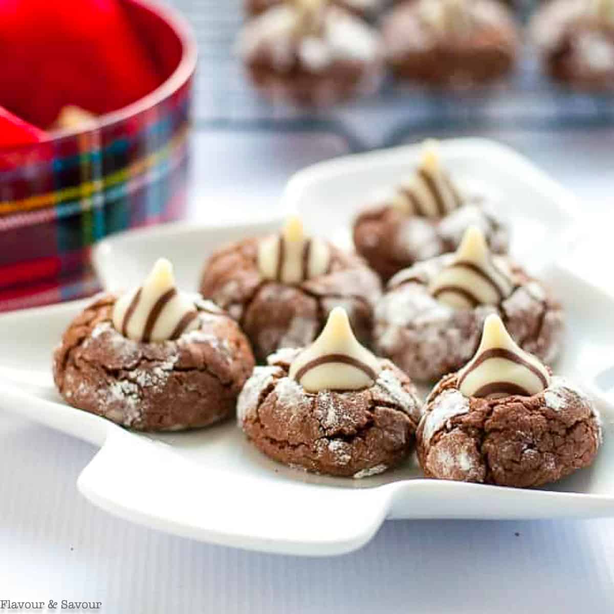 chocolate zebra cookies with Hershey's Hugs pressed in the middle