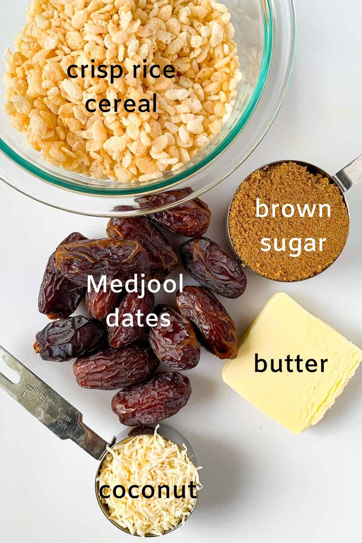 Labelled ingredients for no-bake date log candy.