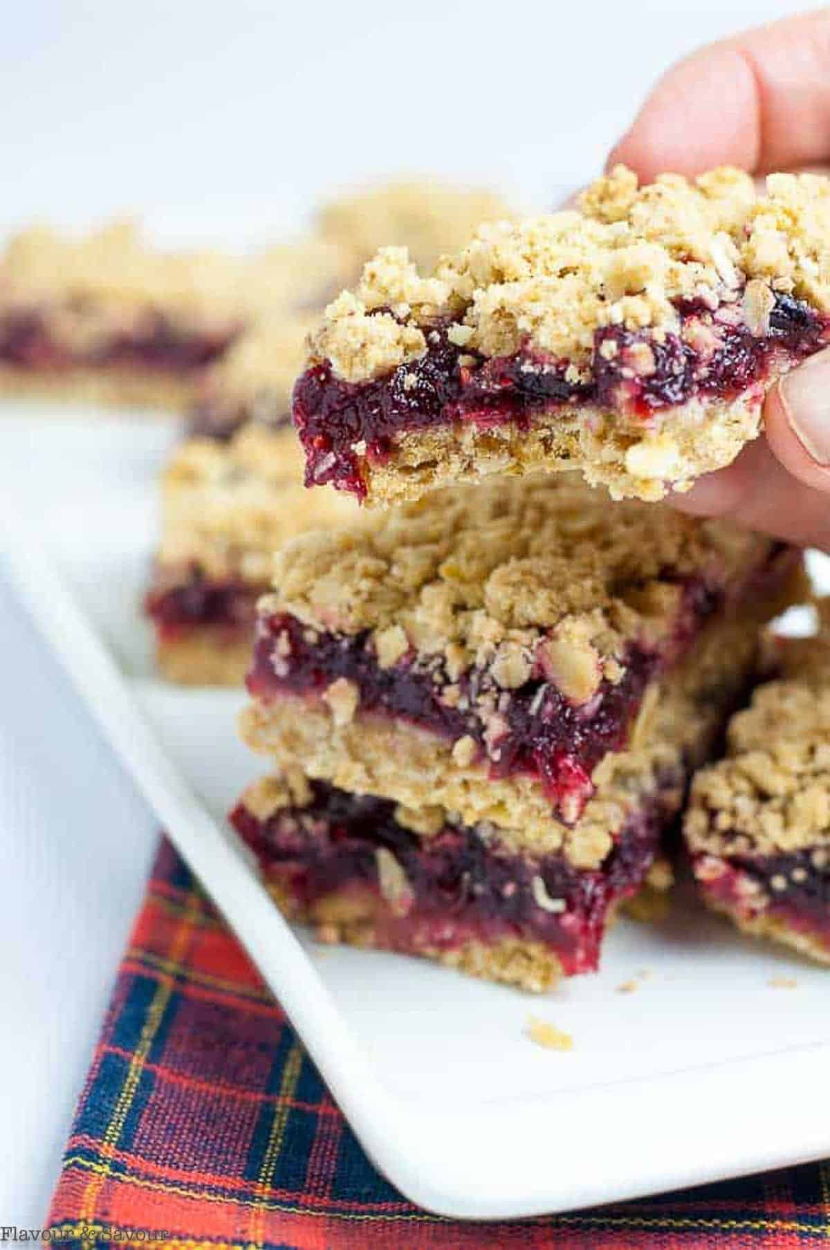 A cranberry oatmeal bar with a bite removed.
