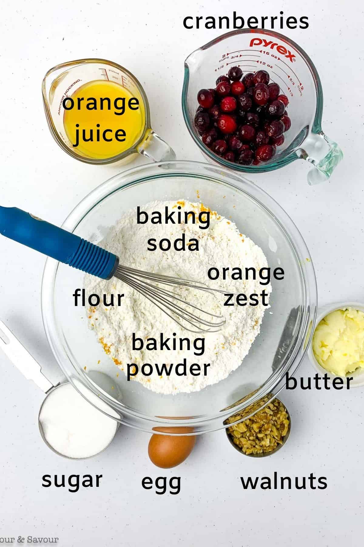 labelled ingredients for cranberry orange bread