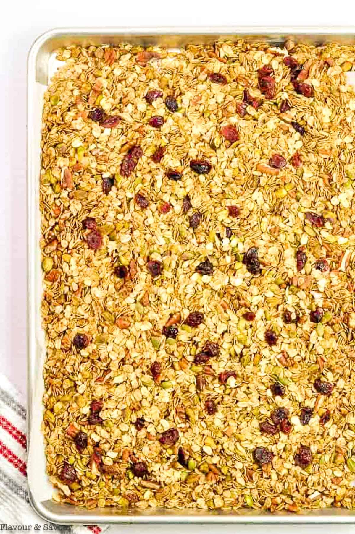 Gingerbread spiced granola on a sheet pan.