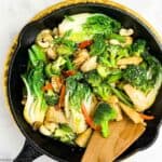 Japanese chicken stir fry in a cast iron skillet