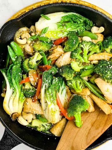 Japanese chicken stir fry in a cast iron skillet