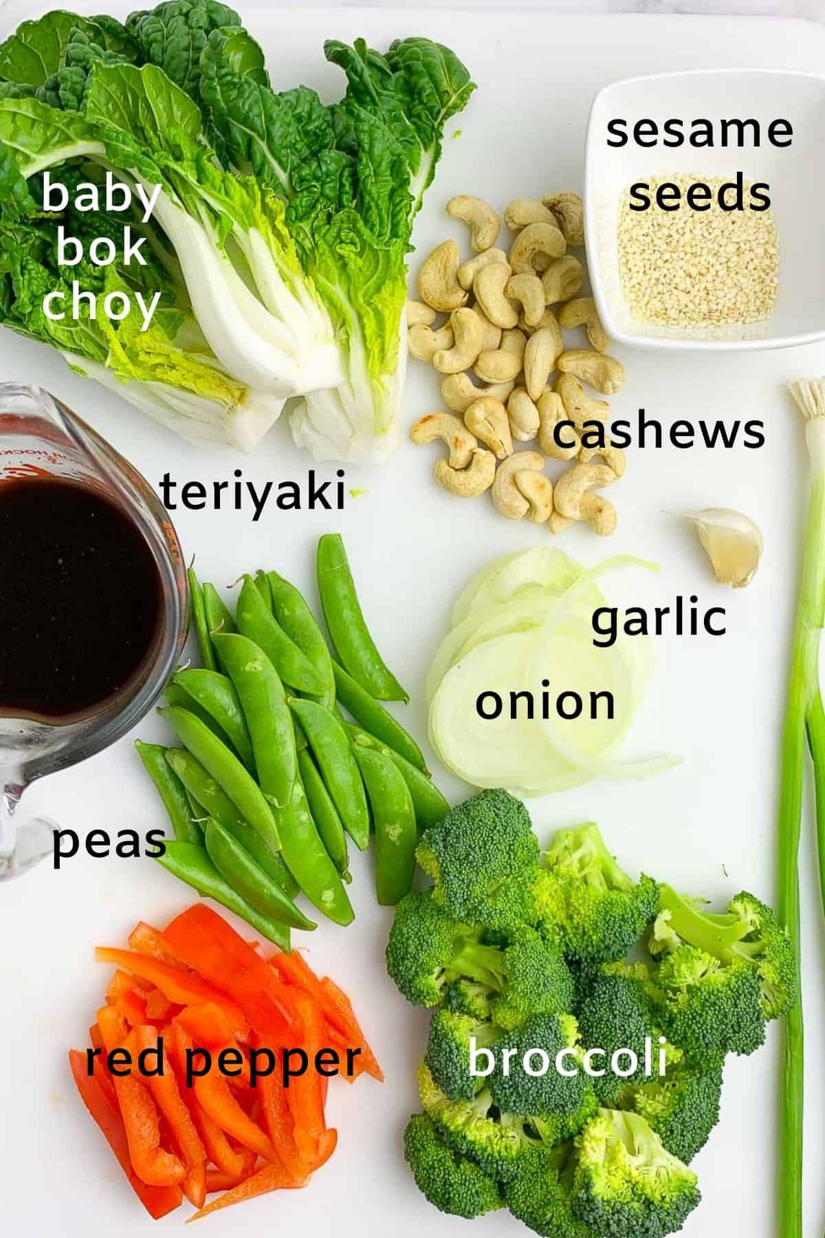 ingredients for Japanese teriyaki chicken stir fry with labels