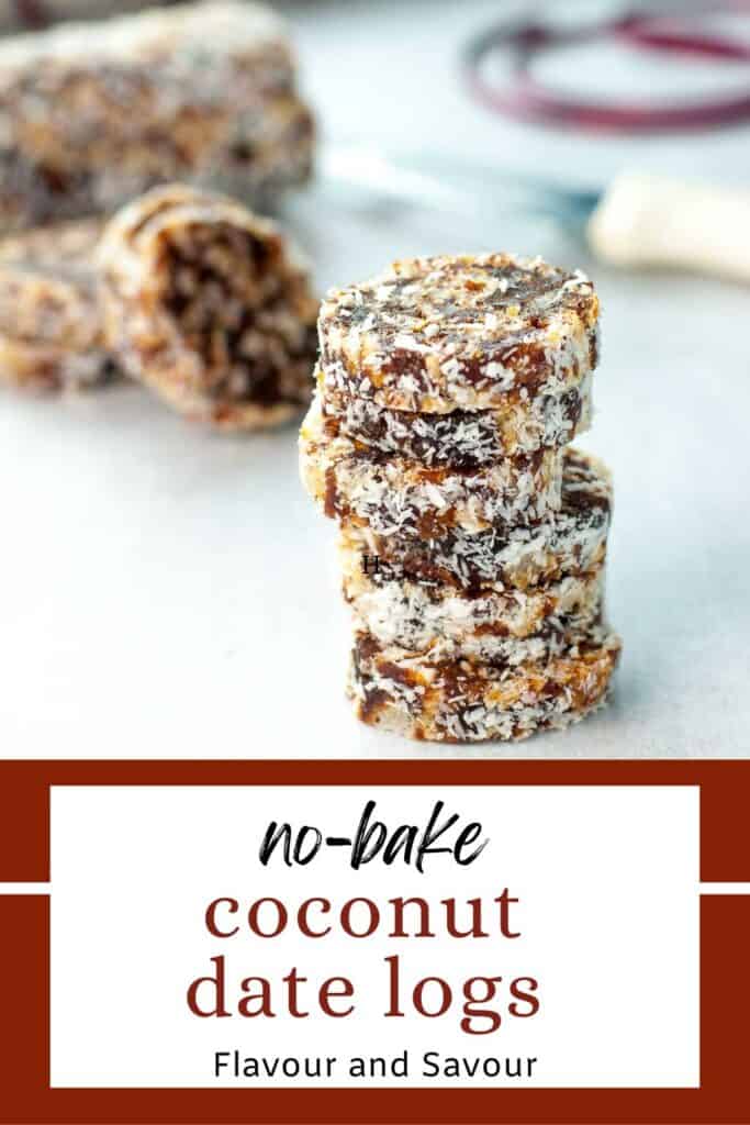 Image with text for no-bake coconut date candy.