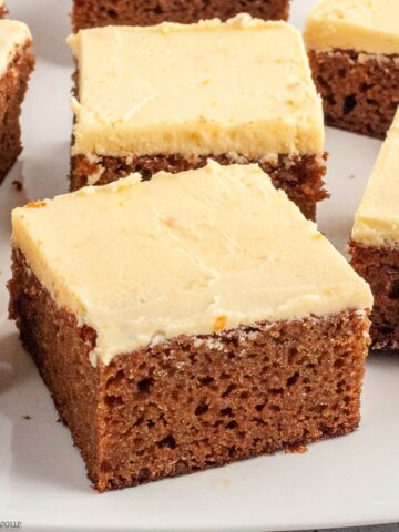 orange gingerbread snack cake with frosting