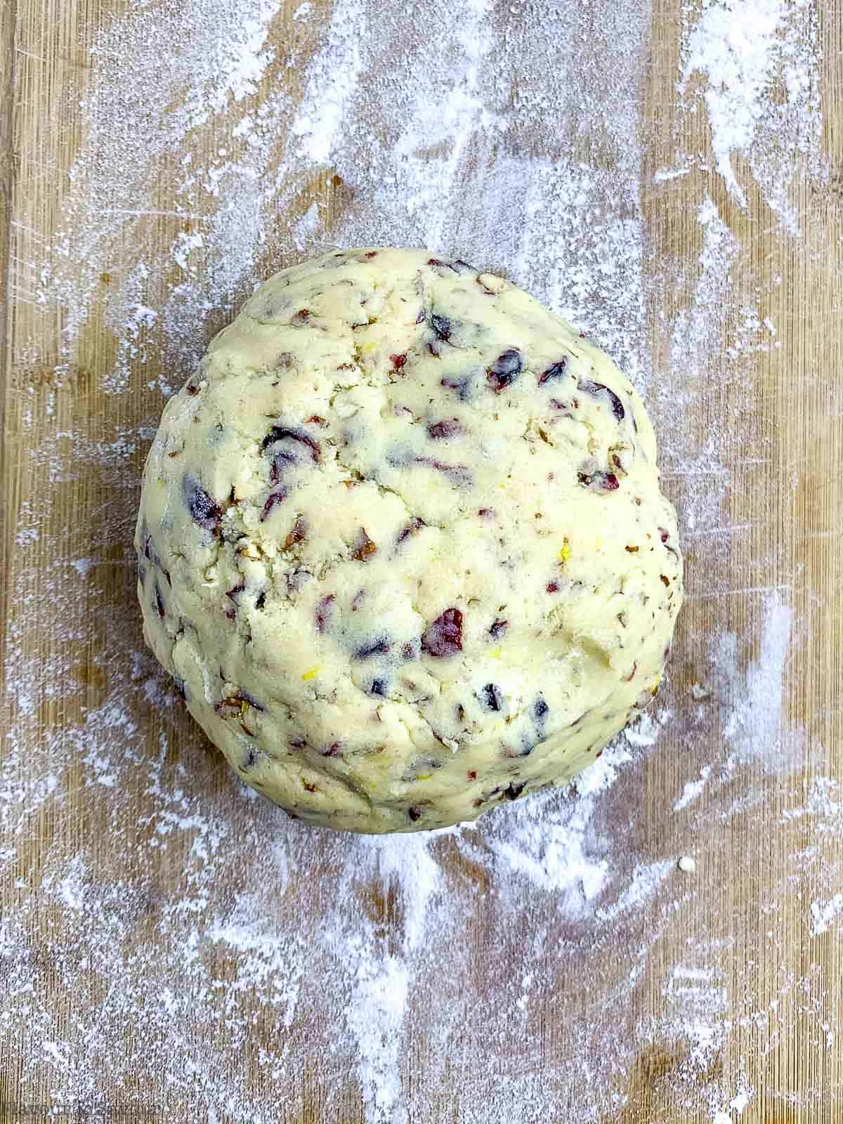 Cranberry Pecan Biscotti dough formed into a ball