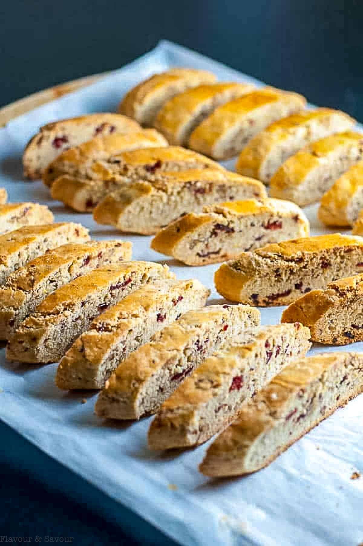 biscotti sliced and placed upright ready for the second bake