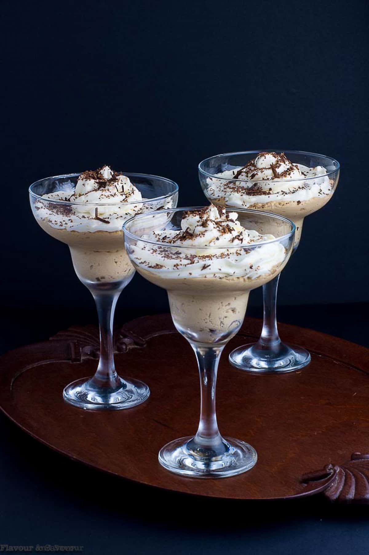 creamy ricotta coffee mousse dessert in stemmed dessert glasses