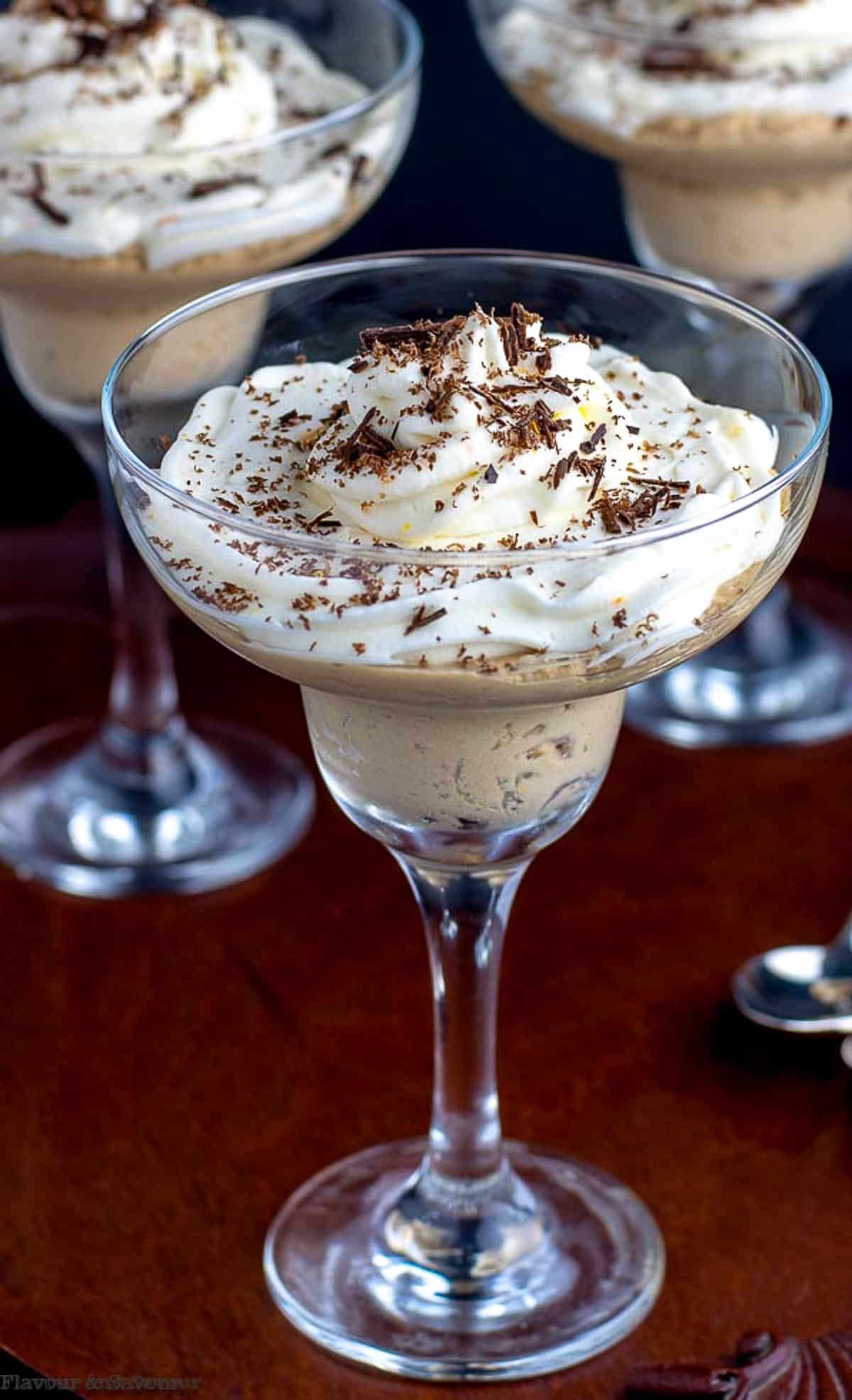 close up view of ricotta mousse with chocolate shavings