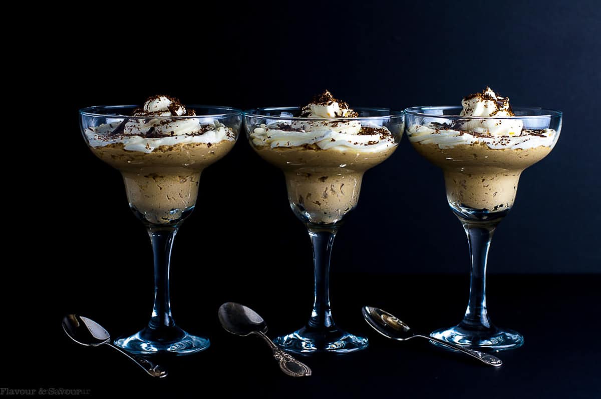 3 dessert glasses of creamy ricotta coffee mousse in a row

