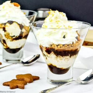 close up view of a glass of gingerbread ice cream parfait