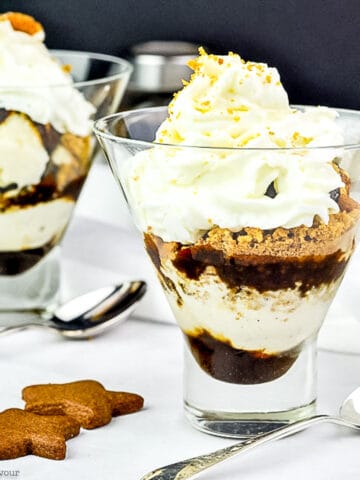 close up view of a glass of gingerbread ice cream parfait