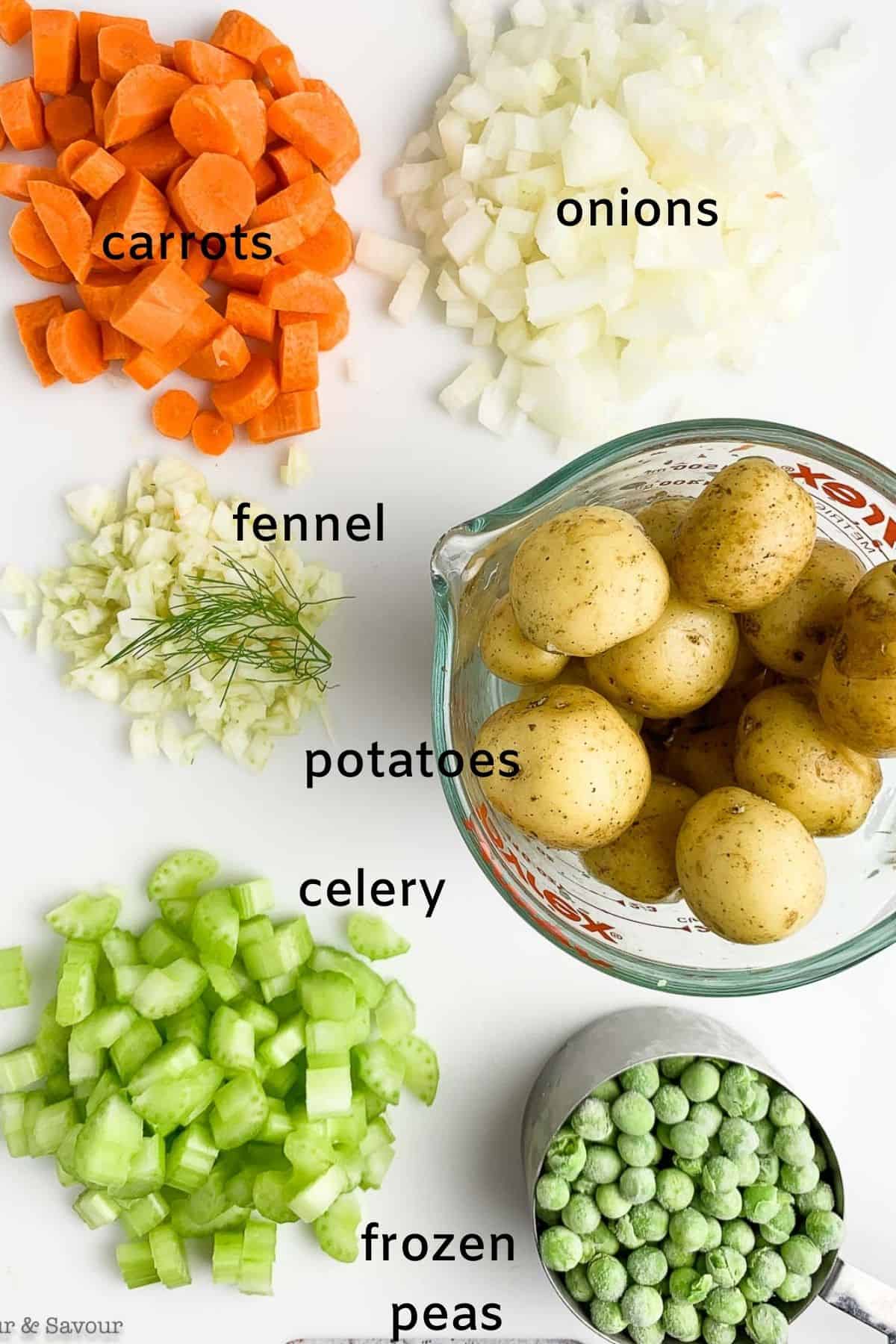 labelled ingredients for vegetable pot pie with puff pastry