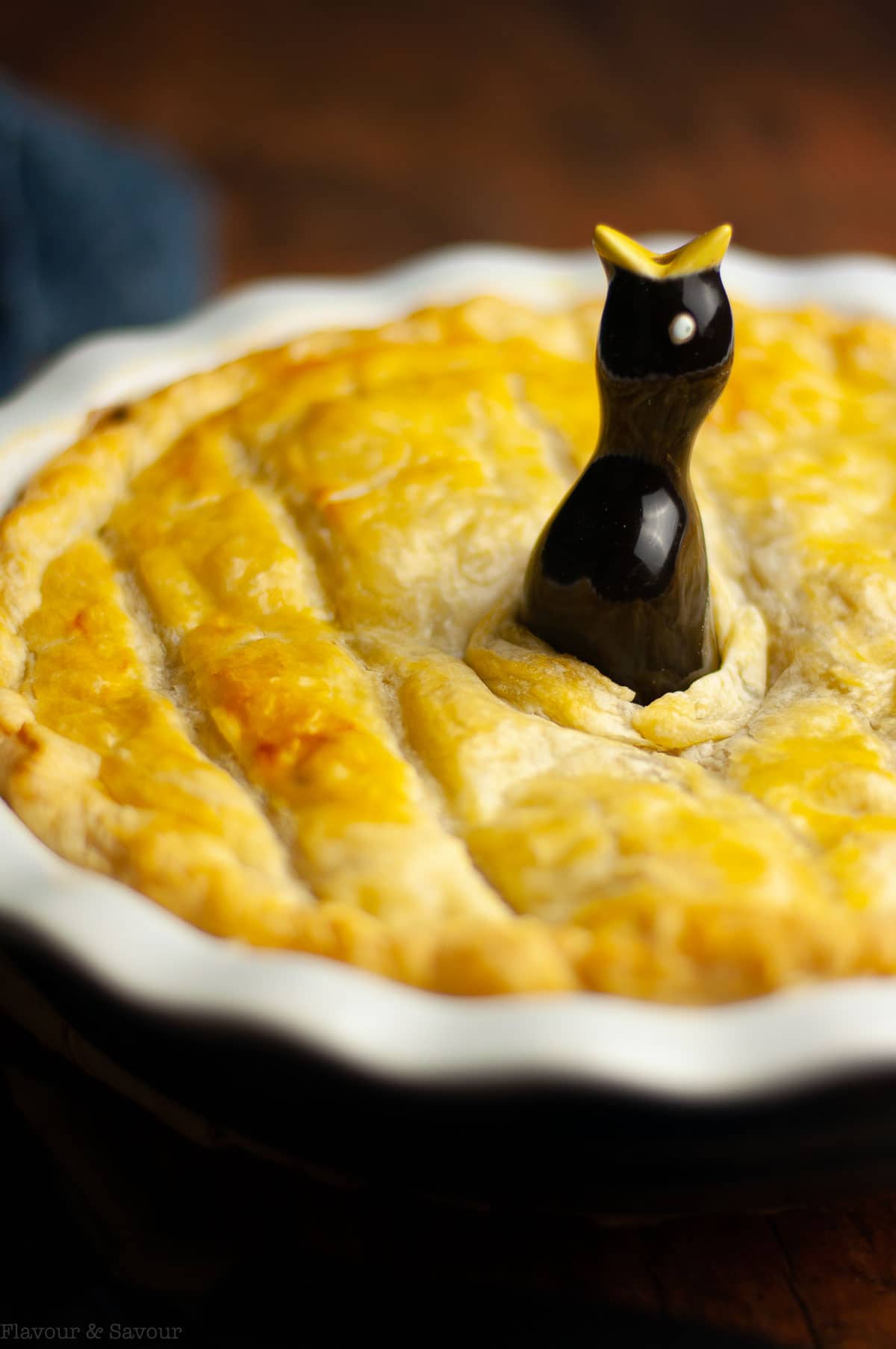 Vegetarian Pot Pie in a pie pan with a ceramic pie bird