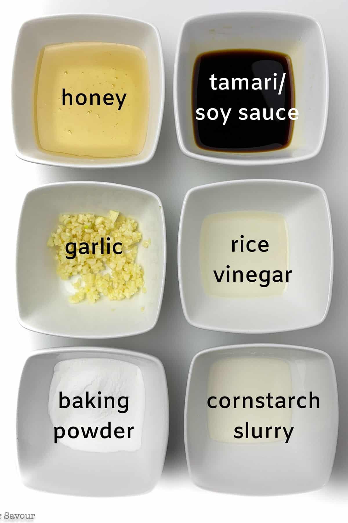 labeled ingredients for Air Fryer Honey Garlic Chicken Wings