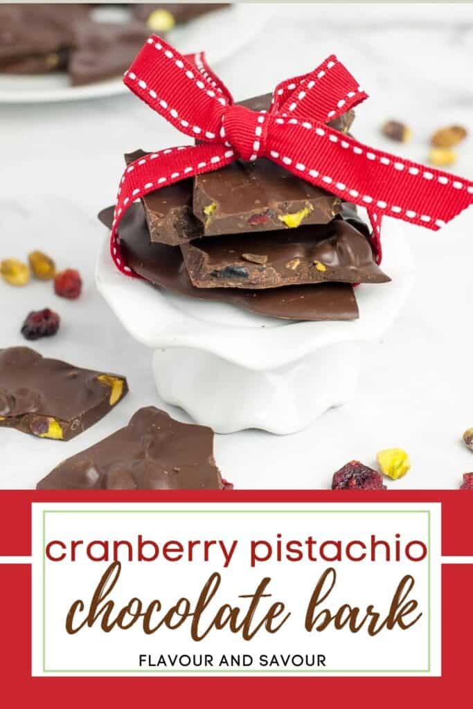 text with image of cranberry pistachio chocolate bark