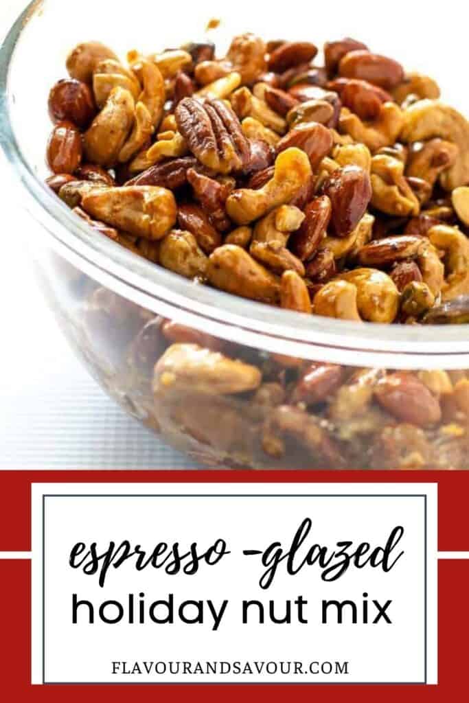 image with text for espresso glazed holiday nut mix