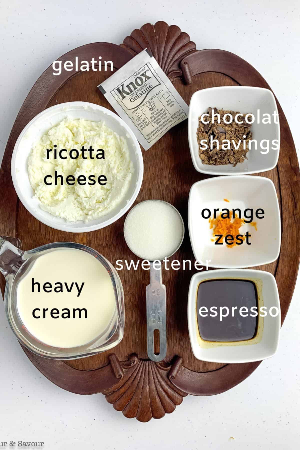 labeled ingredients for ricotta coffee mousse