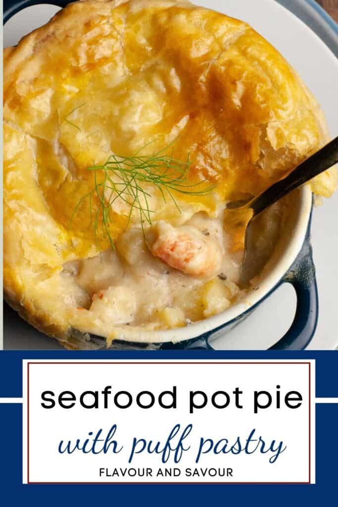 image with text for seafood pot pie with puff pastry