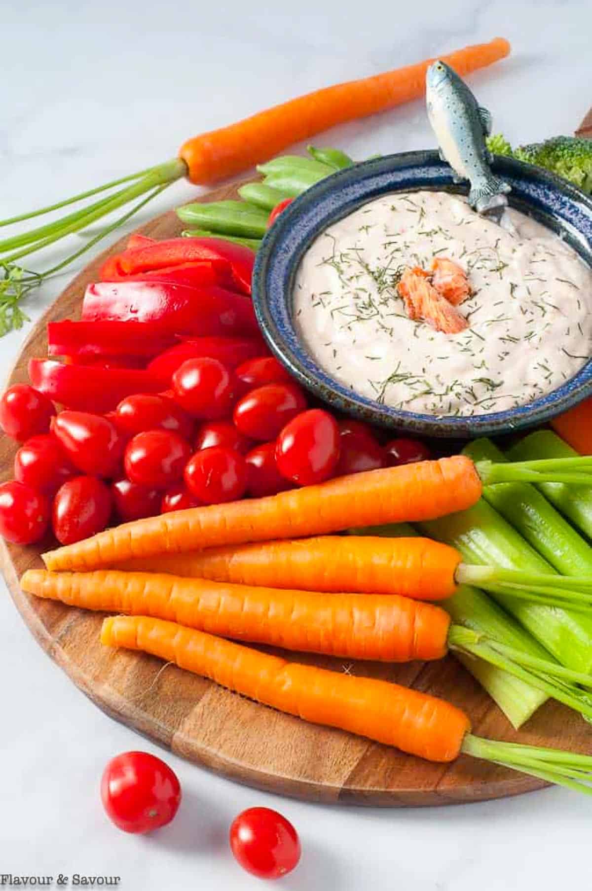 Smoked salmon whipped feta dip and a veggie platter