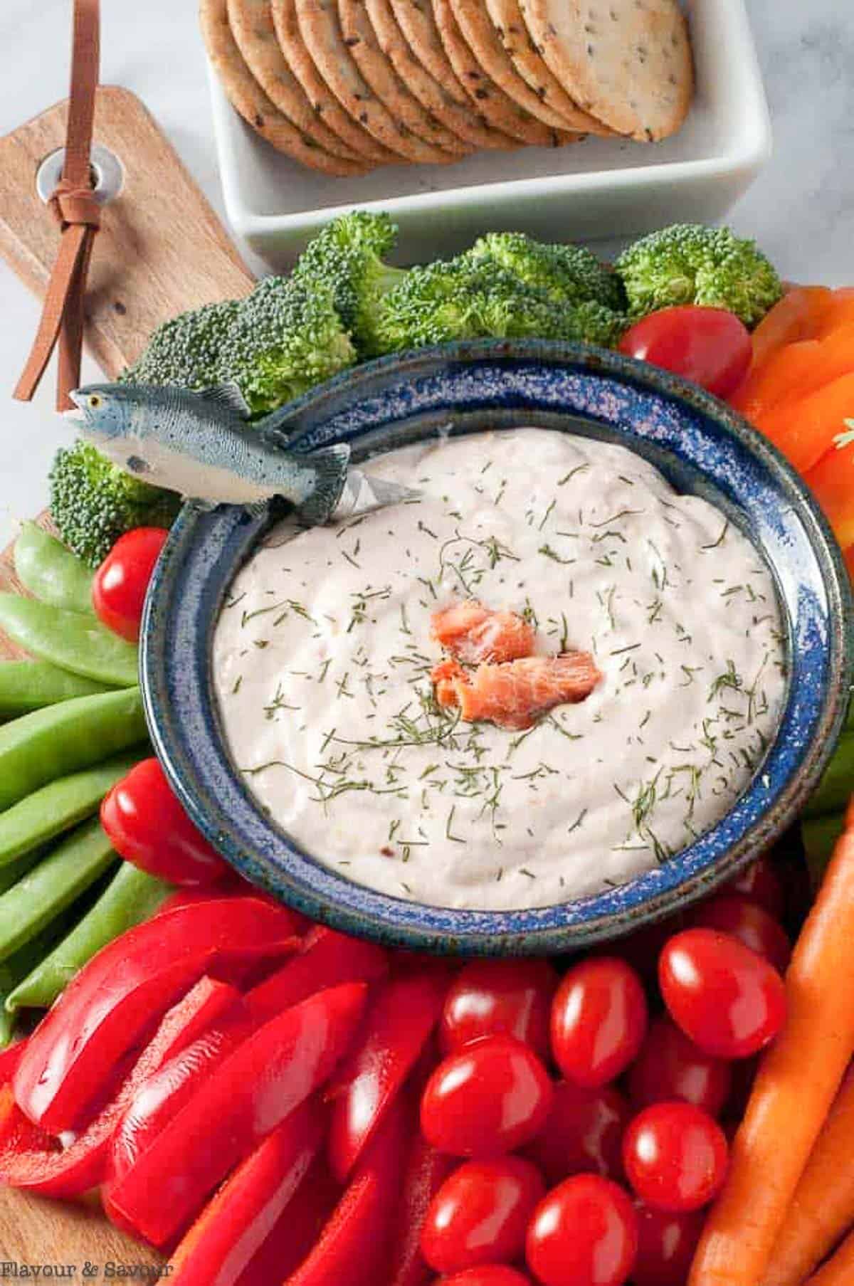 close up view of a bowl of smoked salmon whipped feta dip