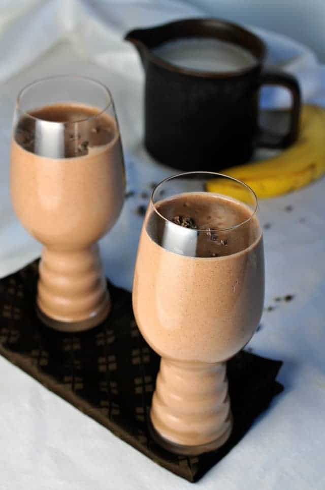 two glasses of chocolate almond smoothie, one of five favourite smoothies without protein powder