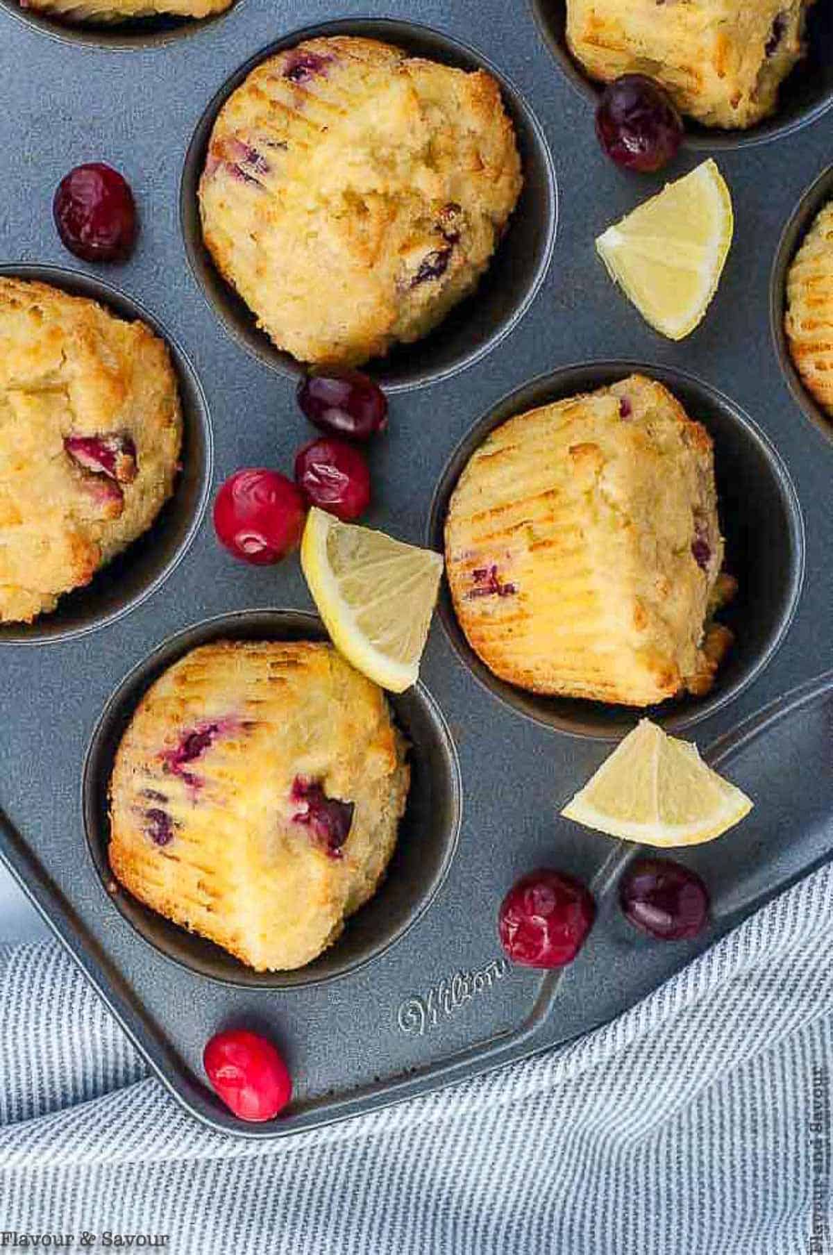 Keto Cranberry Lemon Muffins in a muffin tin