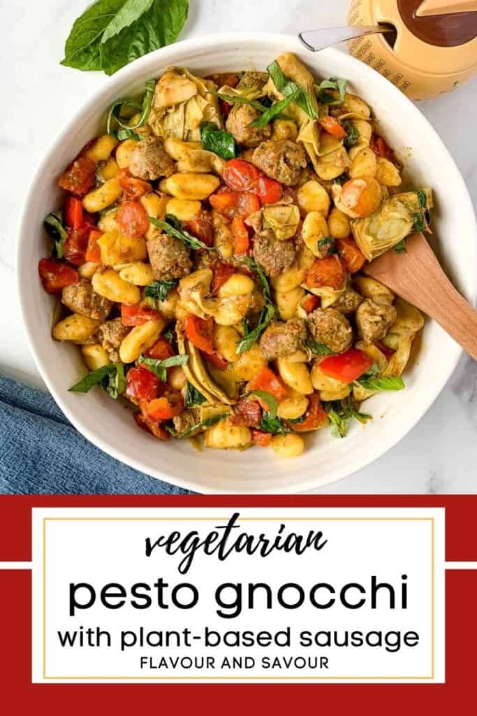 image with text for vegetarian pesto gnocchi recipe