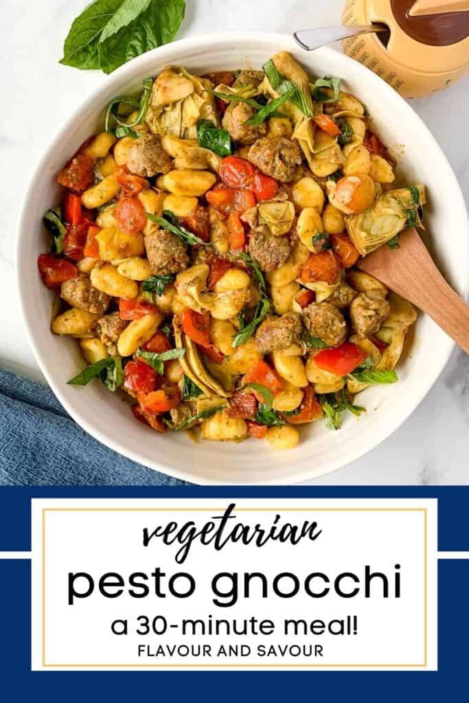 image with text for gluten-free vegetarian pesto gnocchi
