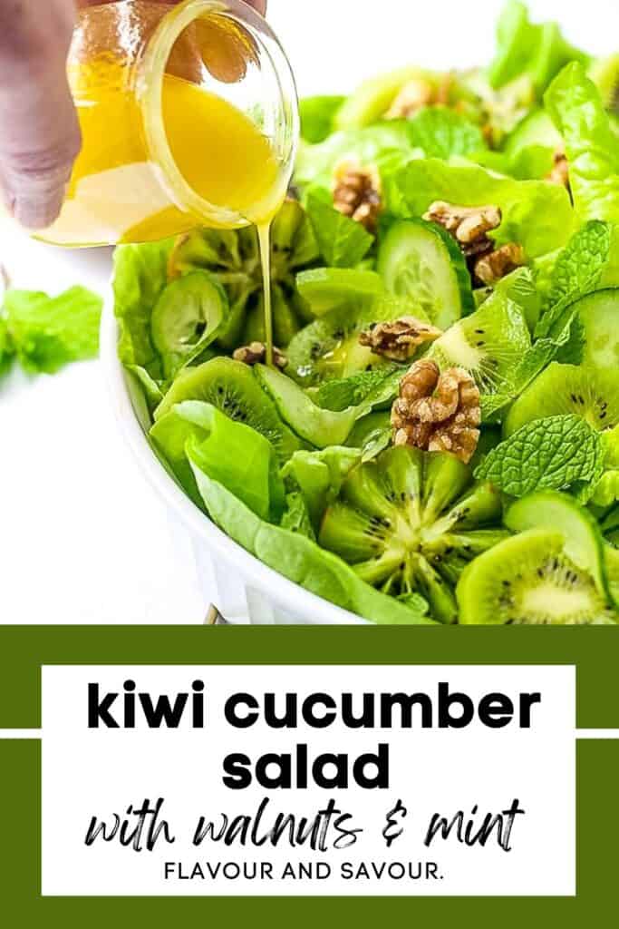 Image with text for kiwi cucumber salad with walnuts and fresh mint.