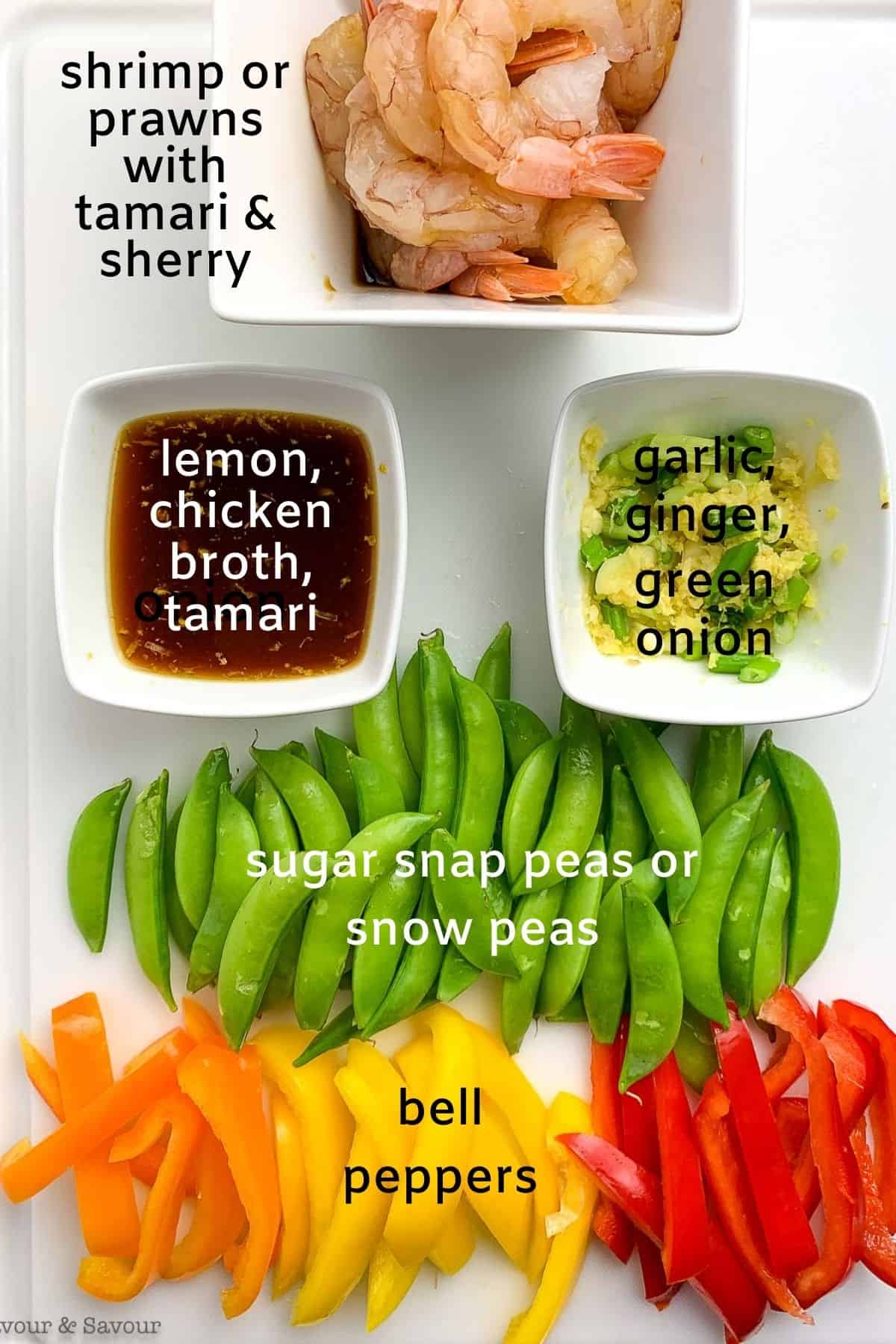 labeled ingredients for lemon garlic shrimp stir fry