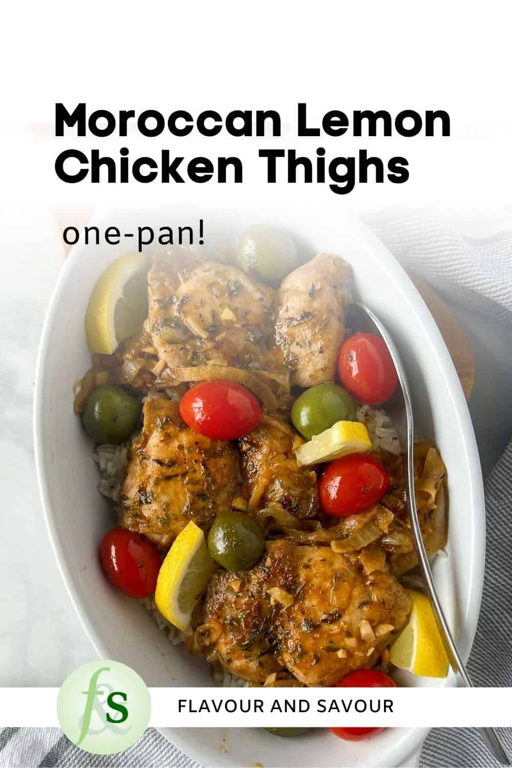 Image with txt overlay for Moroccan Lemon Chicken Thighs with Olives.