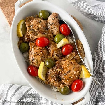 Moroccan Lemon Chicken Thighs with olives and cherry tomatoes.