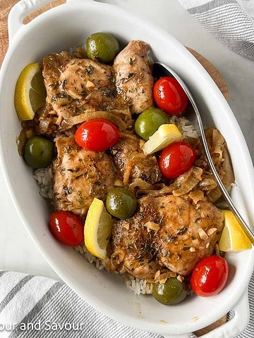Moroccan Lemon Chicken Thighs with olives and cherry tomatoes.