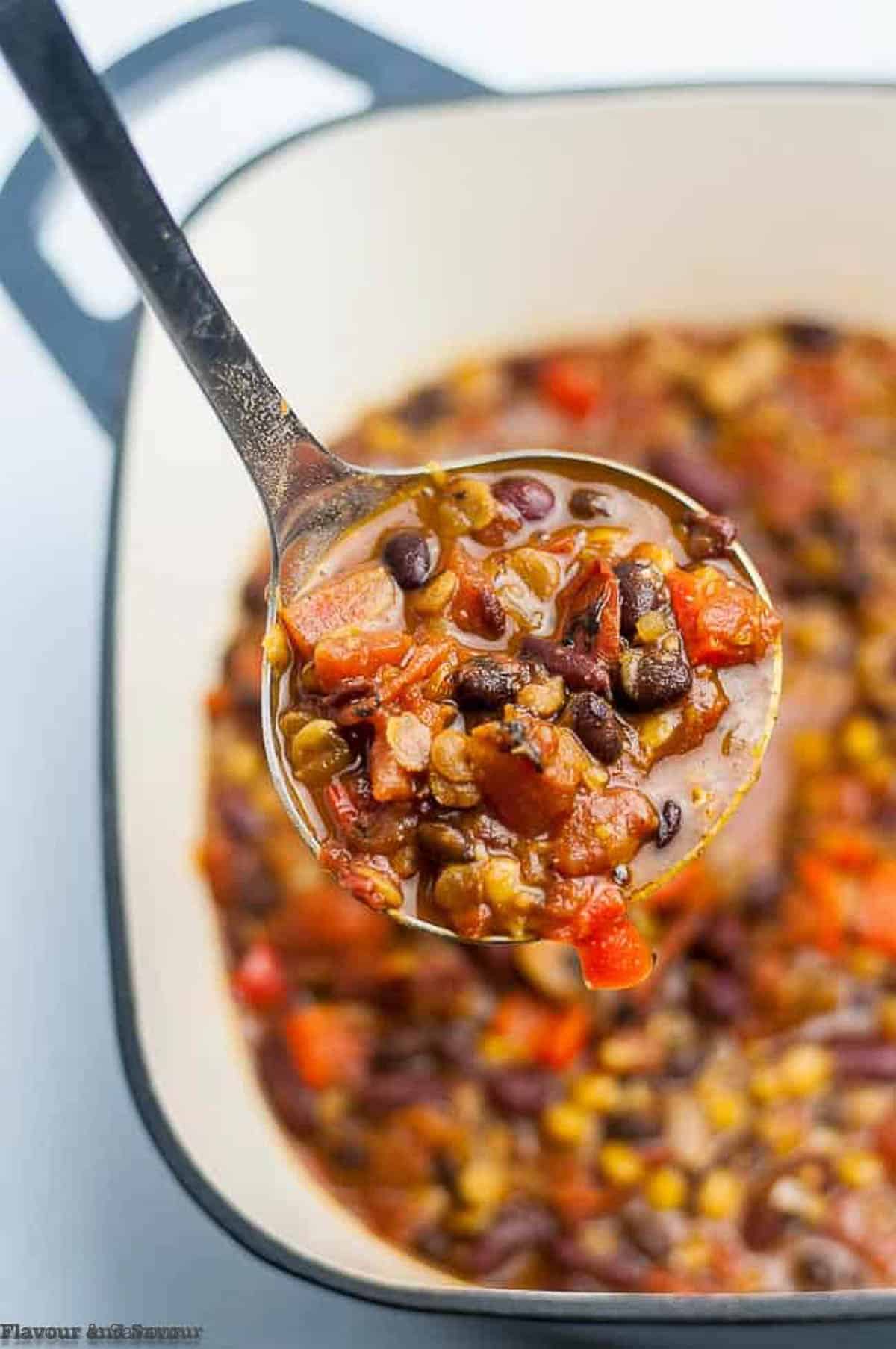 A ladleful of vegan chipotle chili.