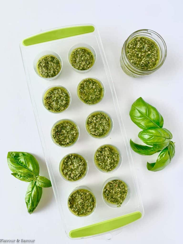 Basil pesto in ice cube trays.