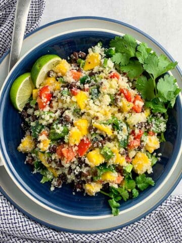 overhead view of a bowl of couscous salad made with cauliflower couscous