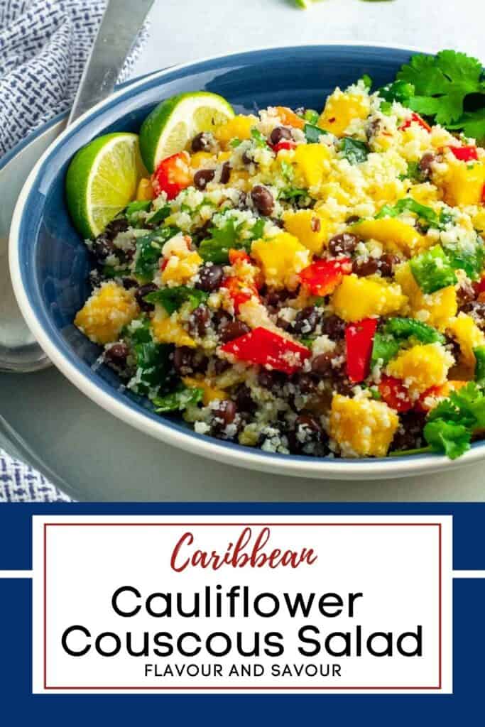image with text overlay for Caribbean Cauliflower Couscous Salad