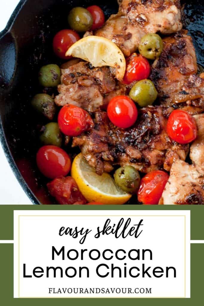 image with text for easy skillet Moroccan Lemon Chicken