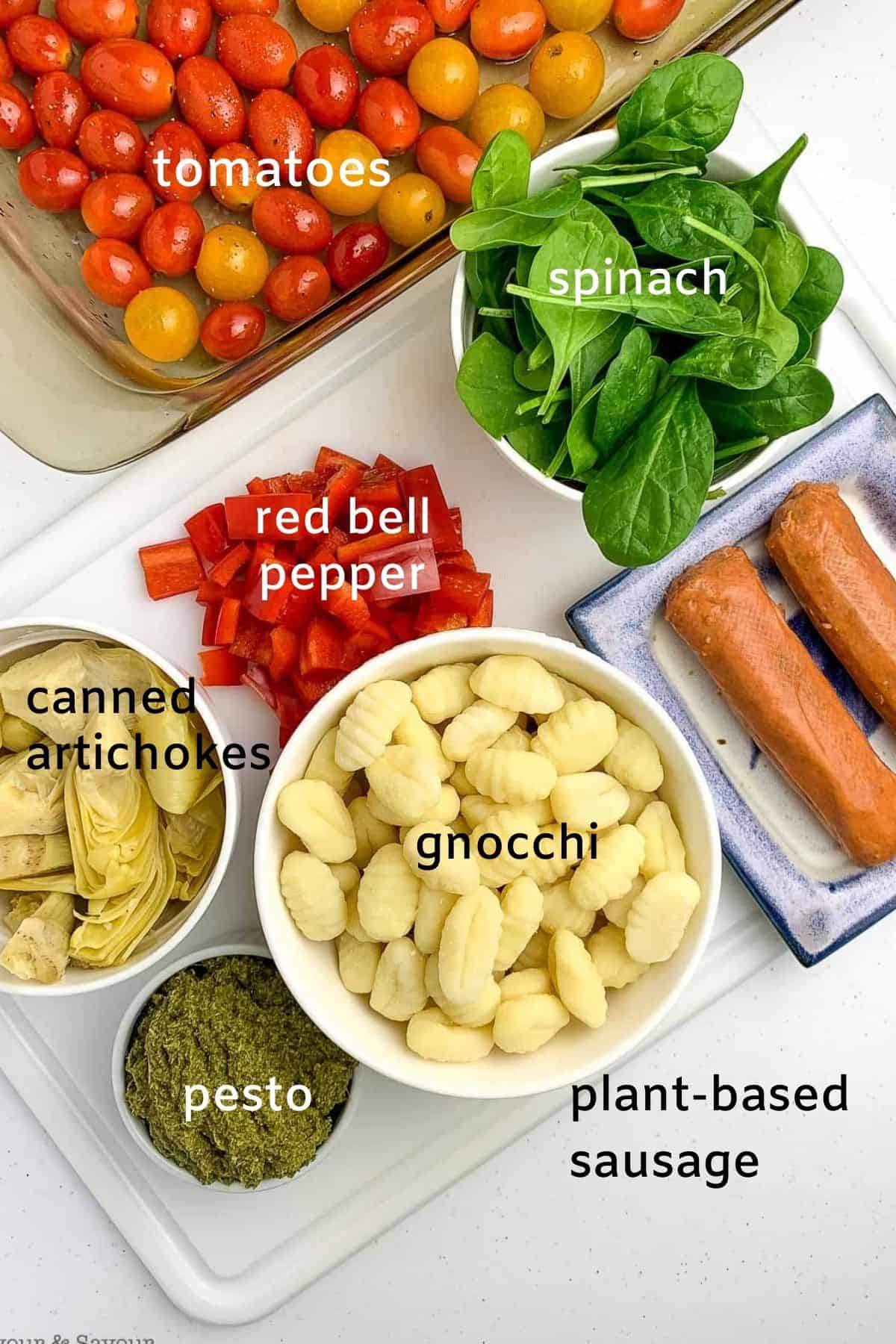 Labelled ingredients for vegetarian pesto gnocchi recipe.