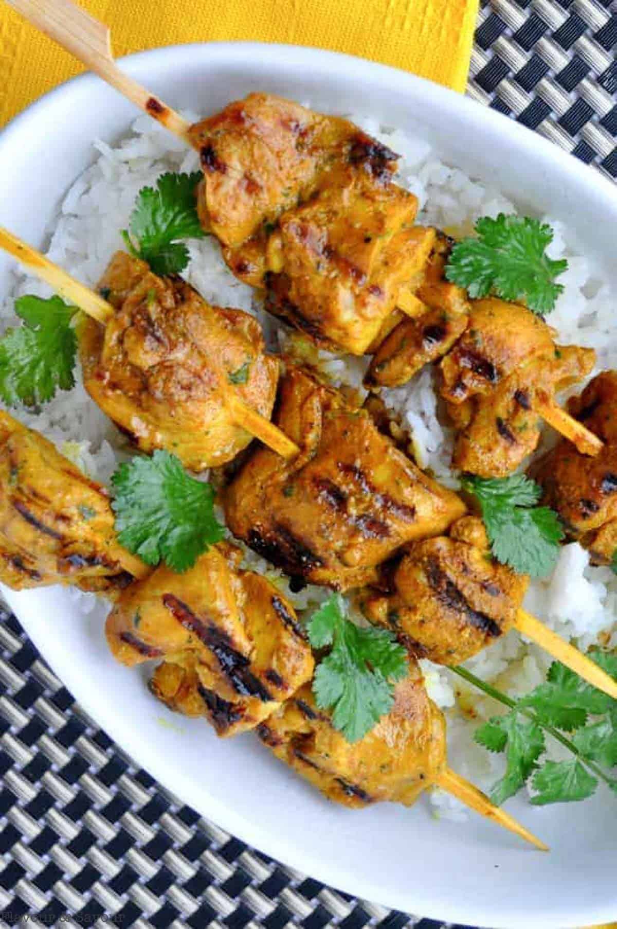 Overhead view of Thai Grilled Turmeric Chicken Kabobs