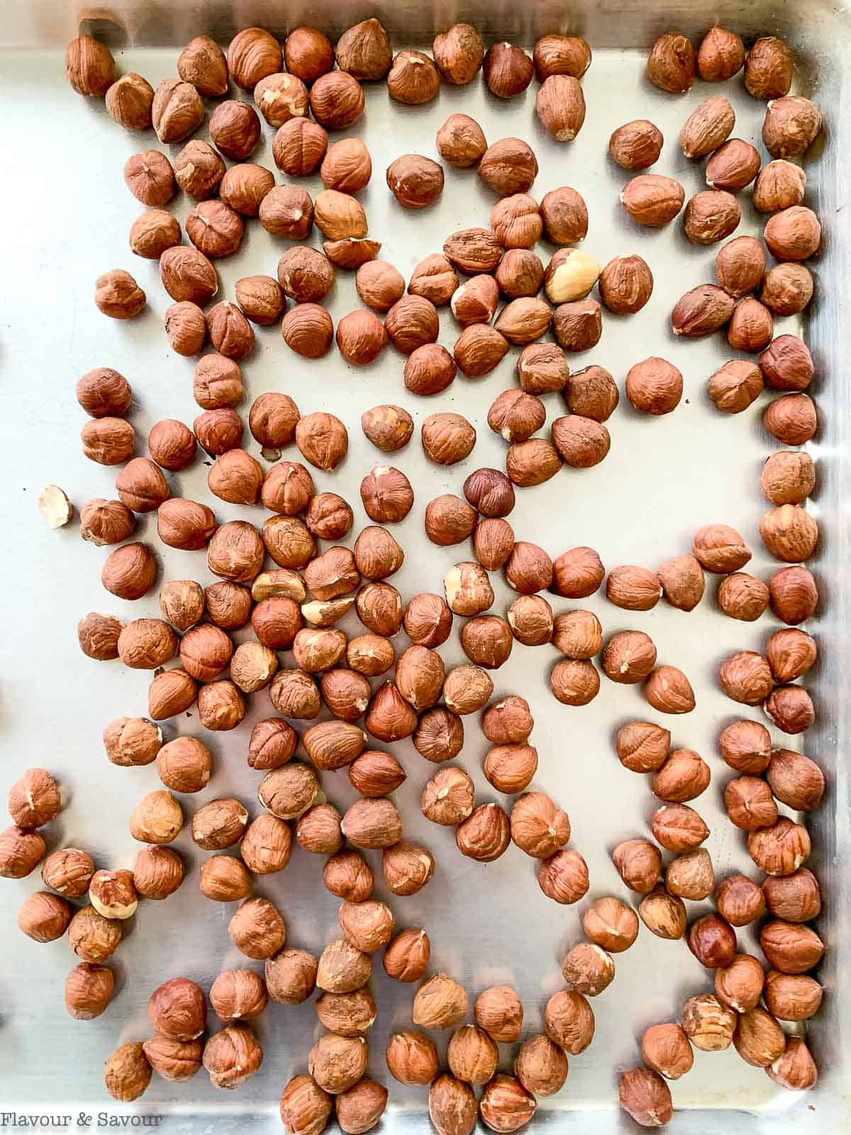 Hazelnuts with skins on a sheet pan.