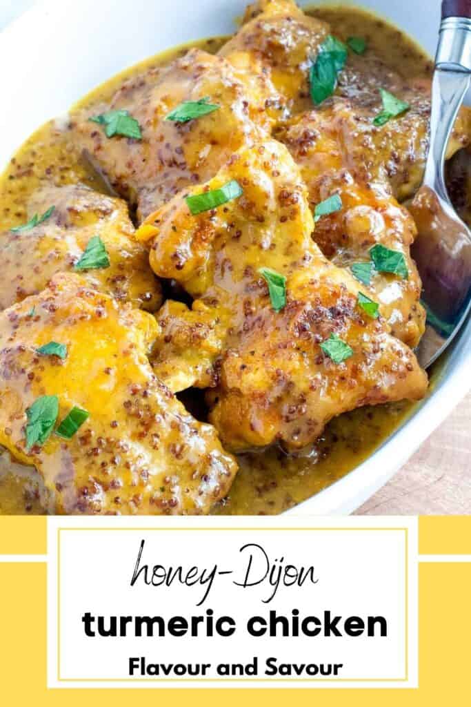 image and text for honey-Dijon turmeric chicken.