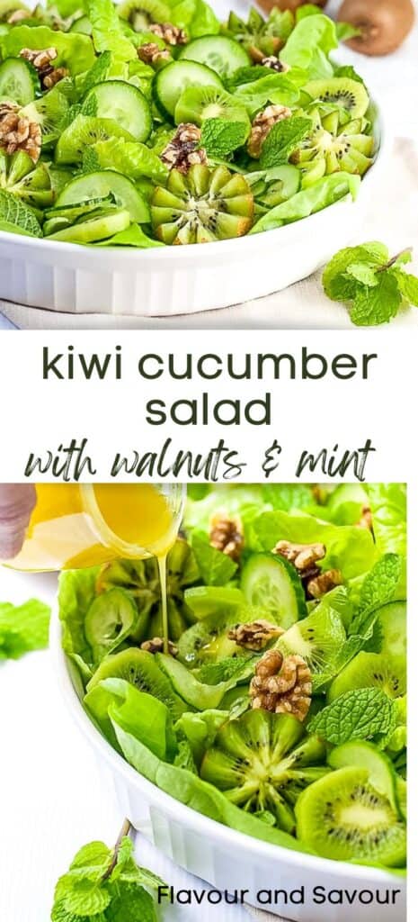 Image with text for Kiwi Cucumber Salad with walnuts and fresh mint.