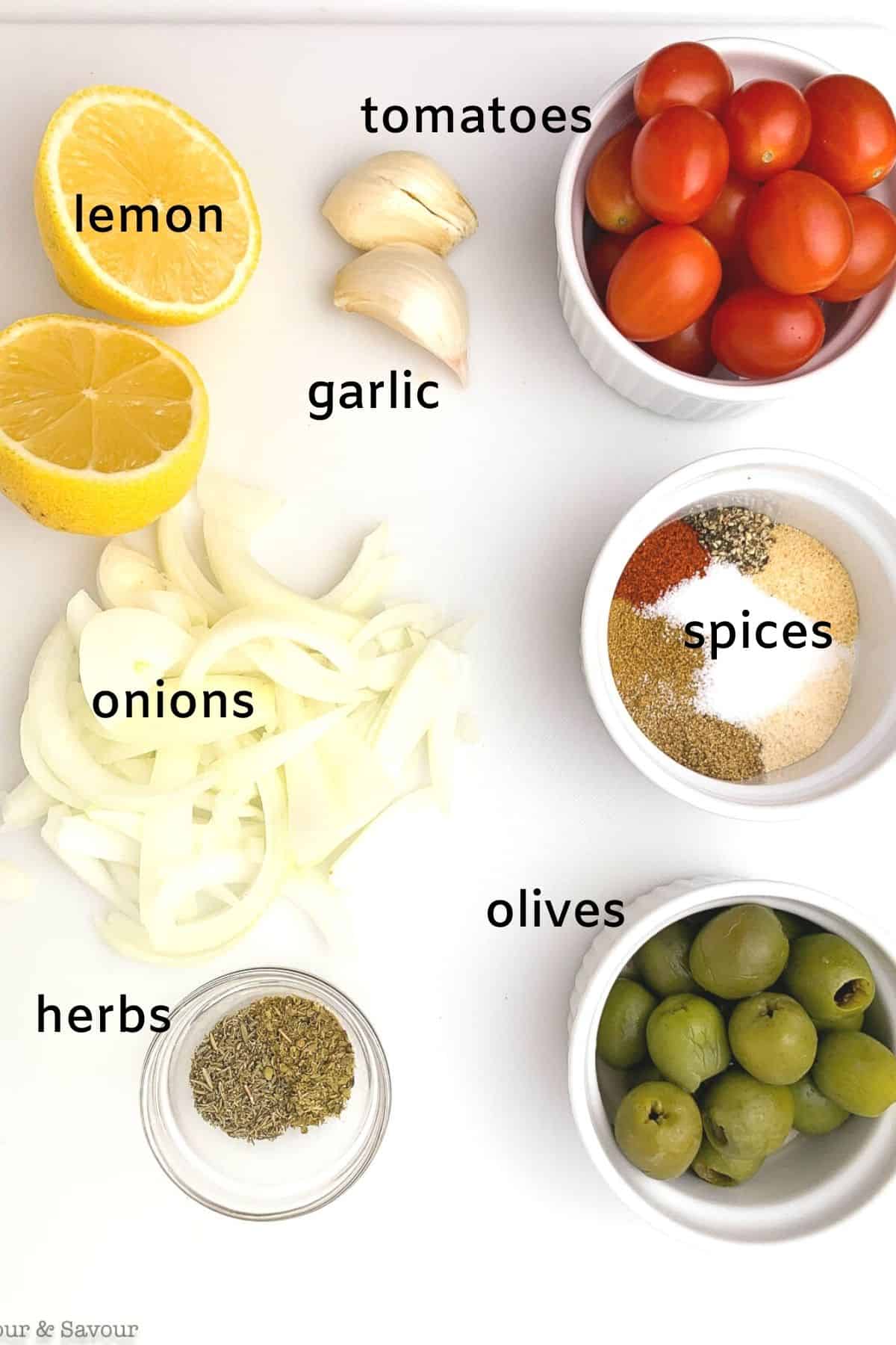 Labelled ingredients for Moroccan Lemon Chicken Thighs.